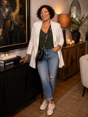 Chico's Cream Open-Front Blazer with Silver Zippers